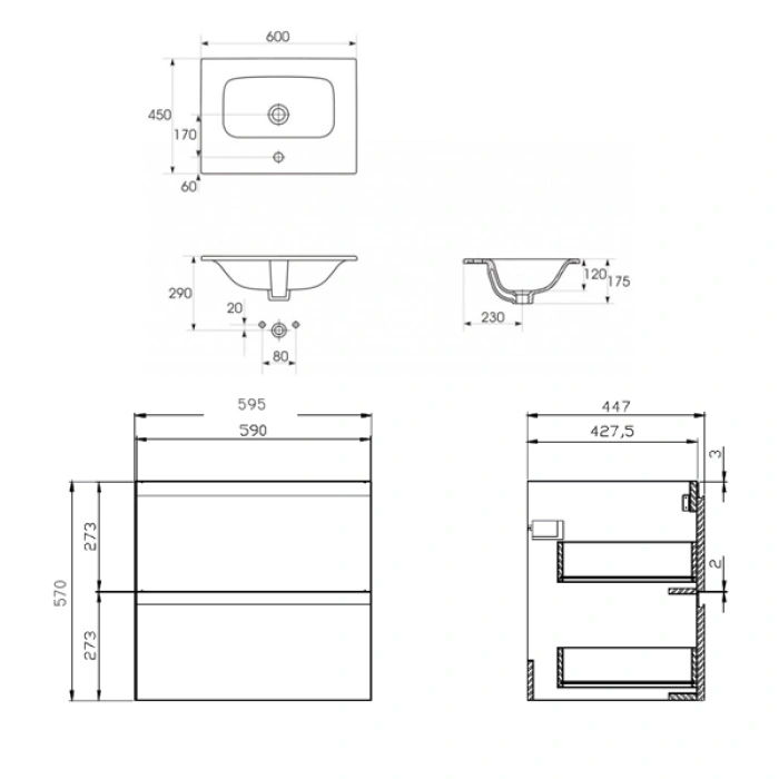 Set mobilier B275 Moduo 60 cm alb + lavoar, DSM, Cersanit